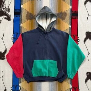 Vintage 90s Men’s Blank Color Block Hoodie Sweatshirt Size Large Colorful